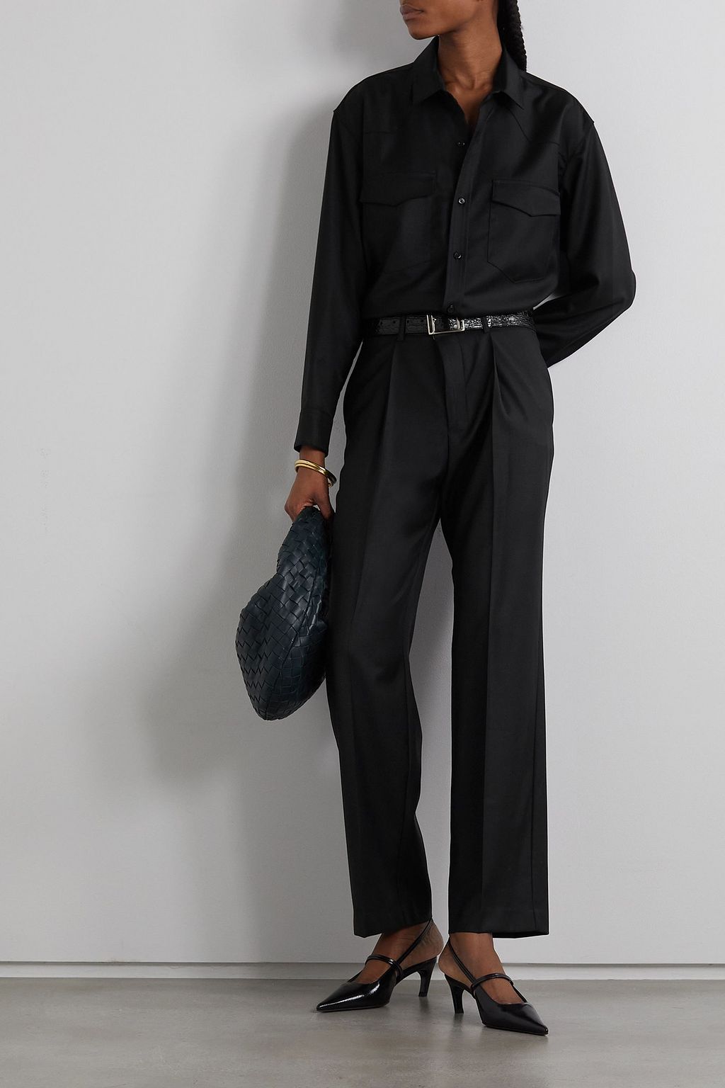 BEARE PARK Cropped pleated wool wide-leg pants