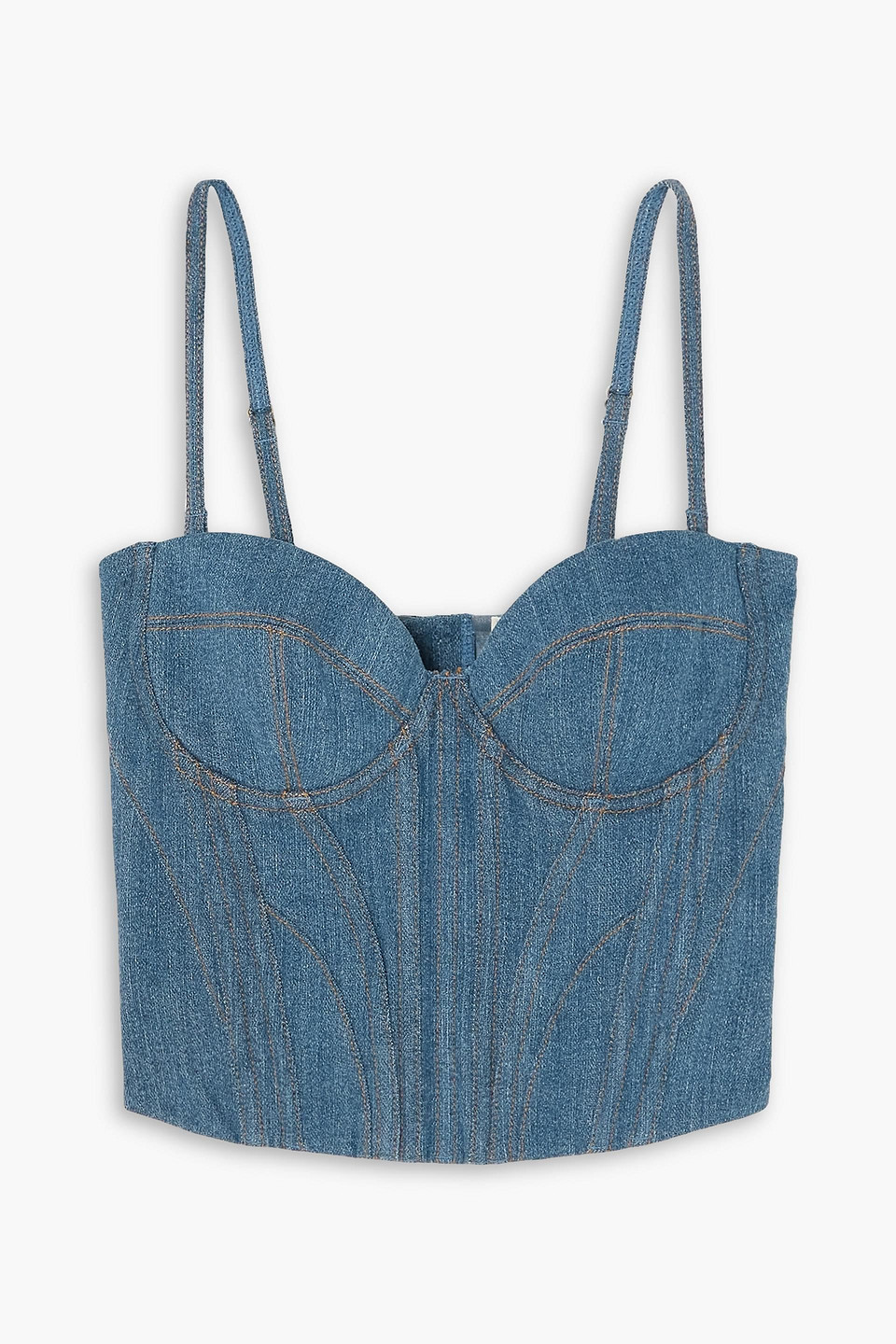 Fleur Du Mal Contrast-stitching Denim Bustier In Mid Denim