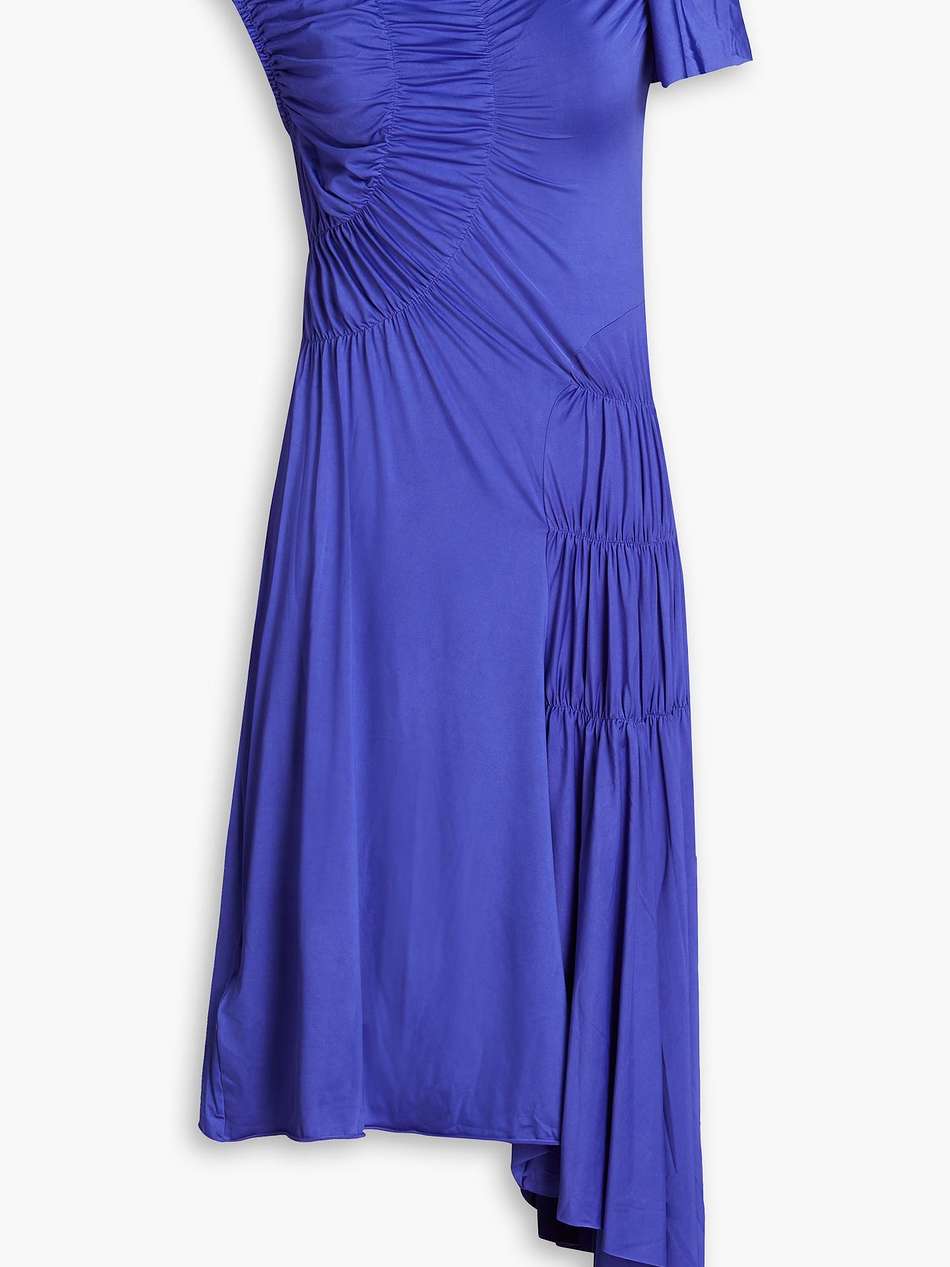 asymmetric ruched stretch-jersey midi dress