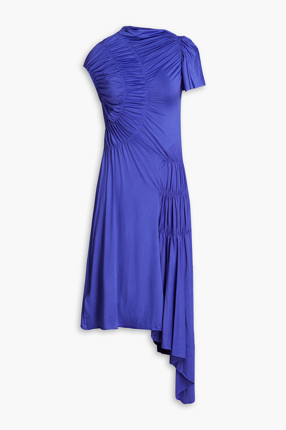Victoria Beckham Asymmetric Ruched Stretch-jersey Midi Dress In Indigo