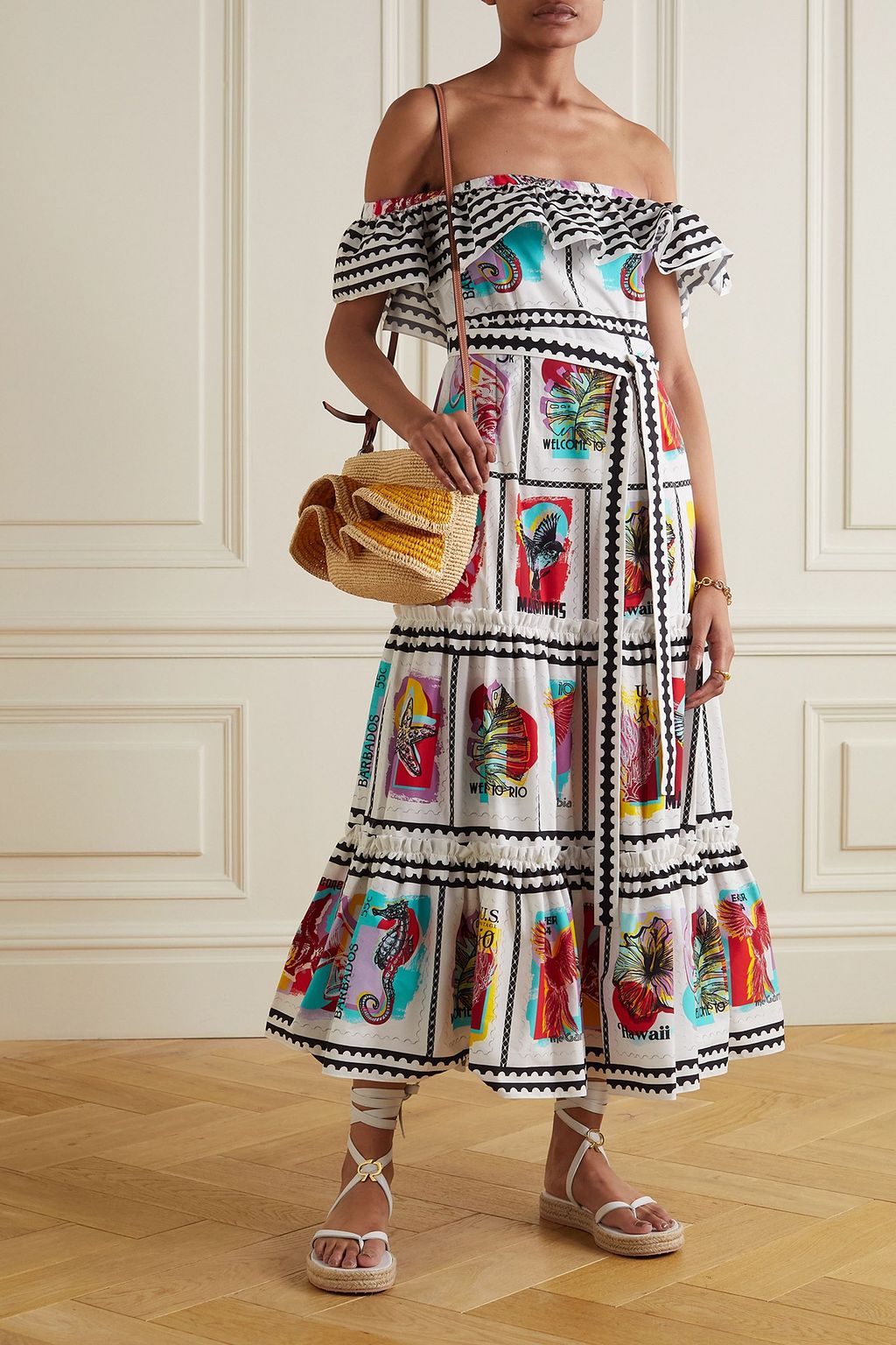 MARY KATRANTZOU Cannes off-the-shoulder tiered printed cotton-blend midi dress