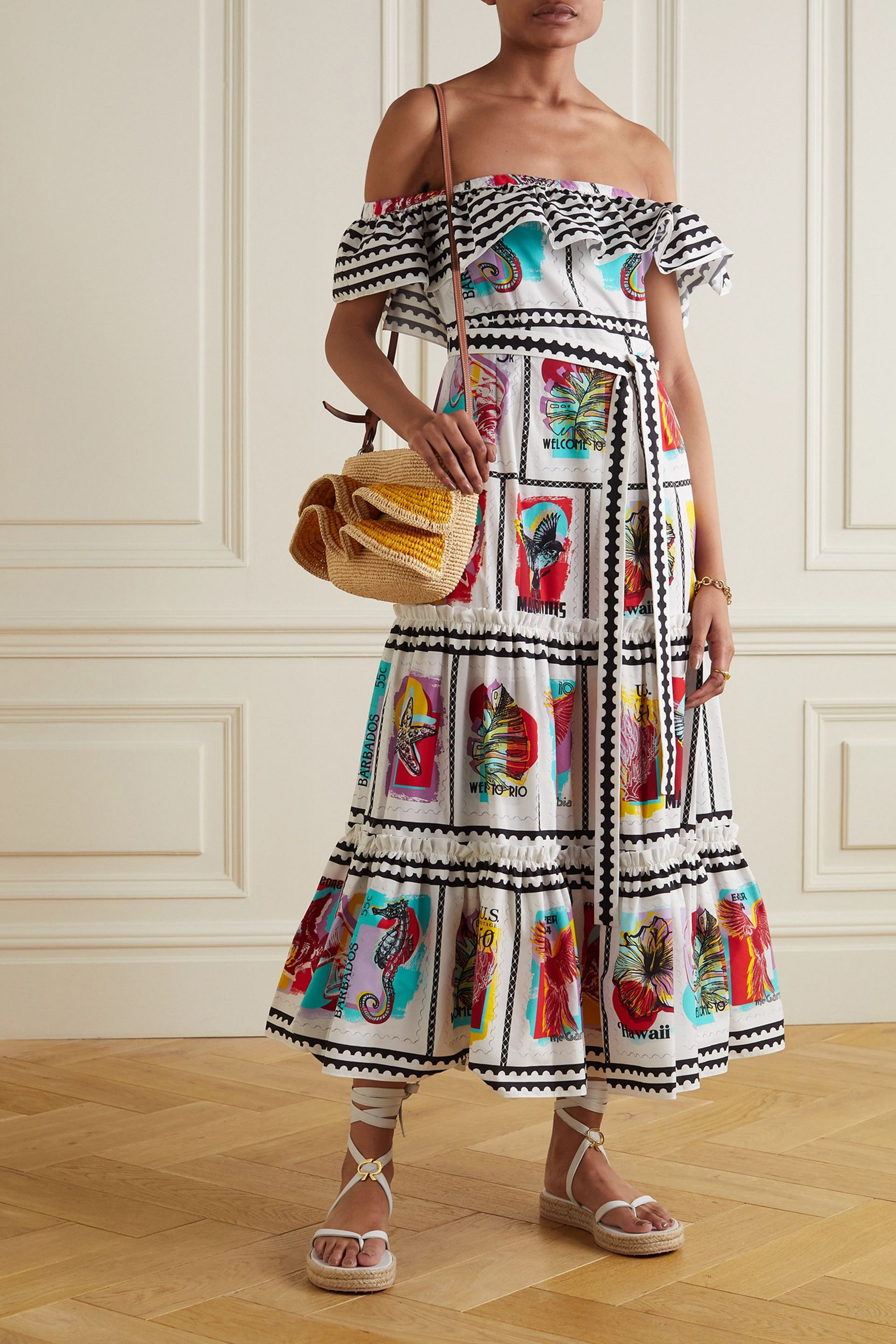 MARY KATRANTZOU Cannes off-the-shoulder tiered printed cotton-blend midi dress