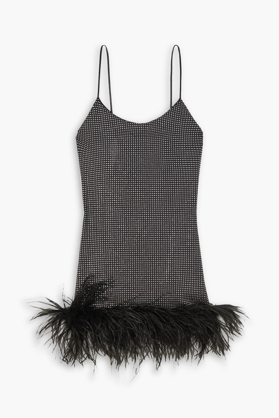 Leslie Amon Laurie Feather-trimmed Crystal-embellished Stretch-jersey Mini Dress In Black