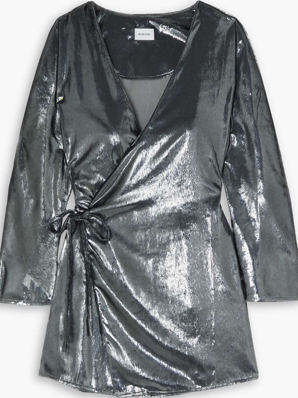 metallic woven mini wrap dress
