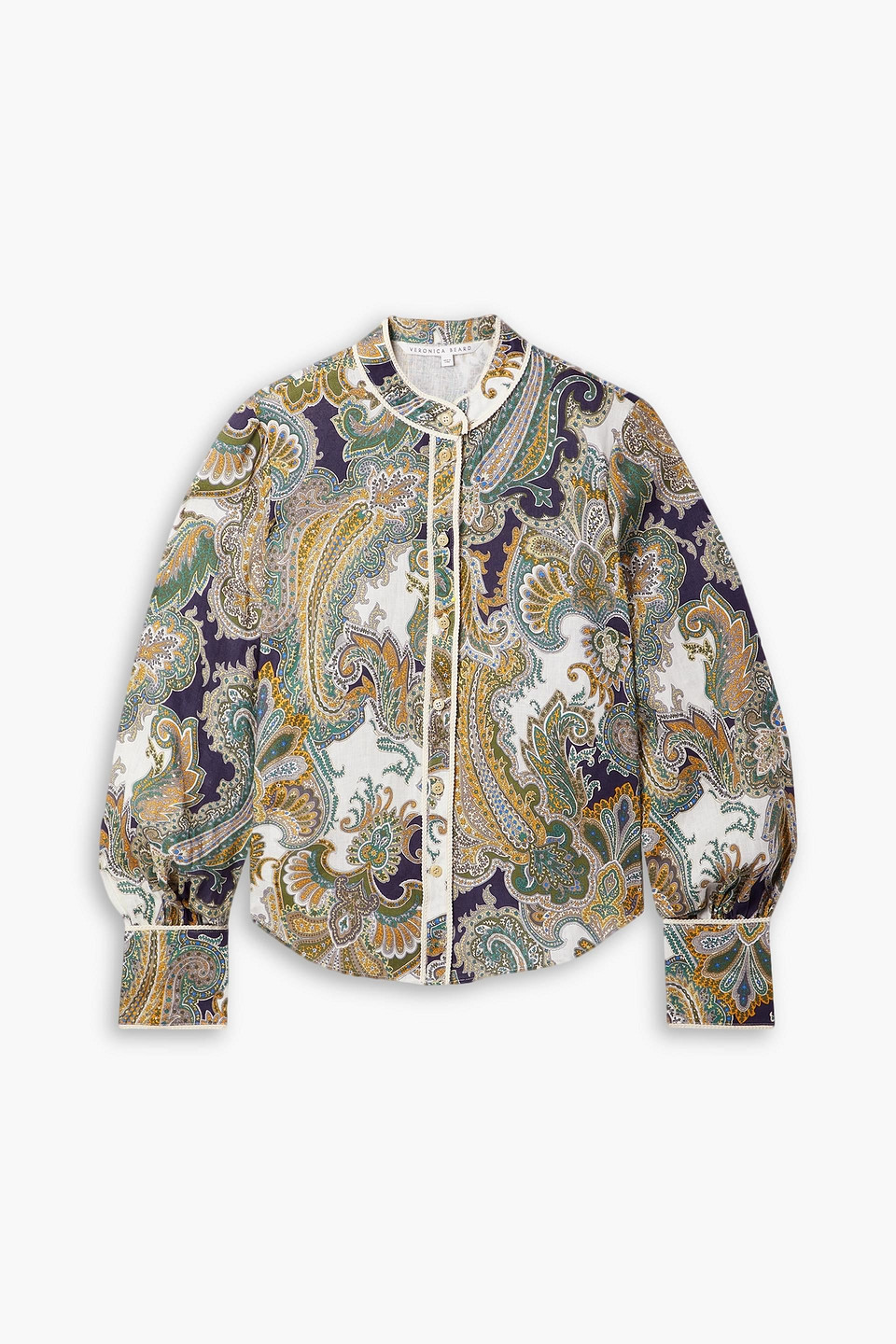 Veronica Beard Thorp Rope-trimmed Paisley-print Linen Blouse In Army Green