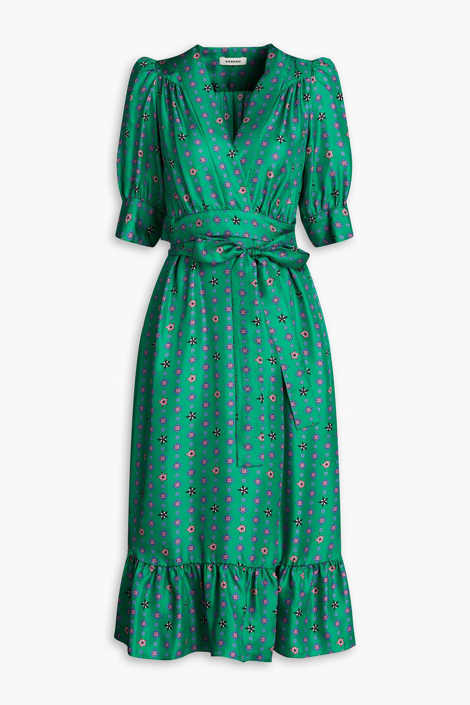 Sandro Midi-wickelkleid Aus Seiden-twill Mit Print In Green