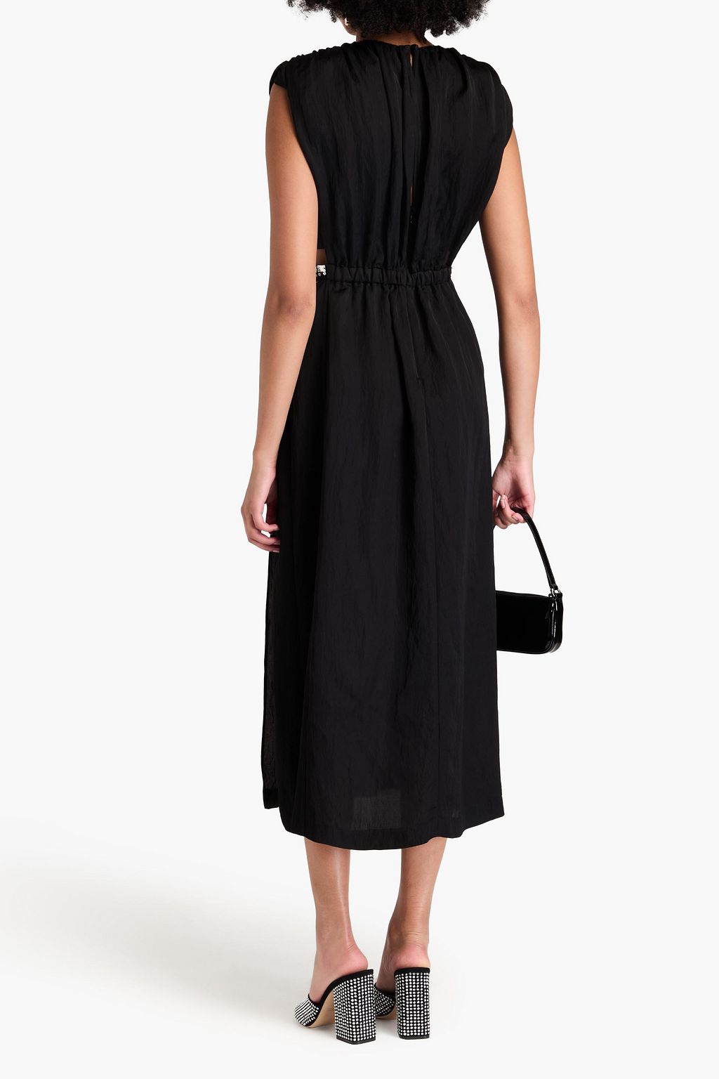 SANDRO Crystal-embellished cutout crinkled satin-twill midi dress