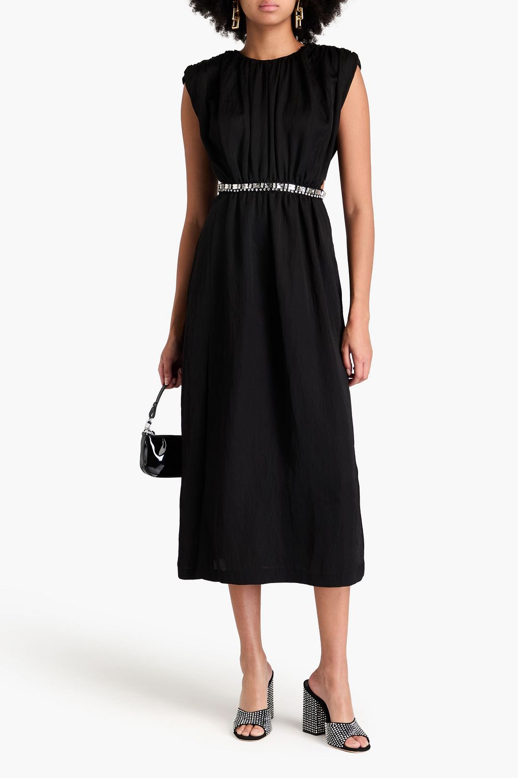 SANDRO Crystal-embellished cutout crinkled satin-twill midi dress