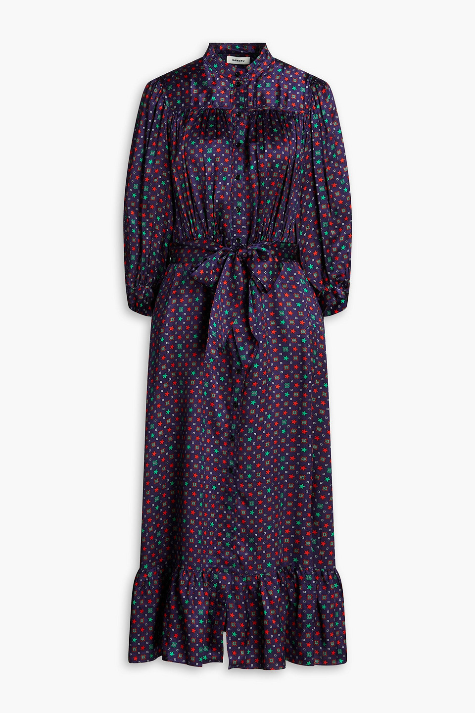 Sandro Gathered Printed Satin-twill Midi Dress In Purple