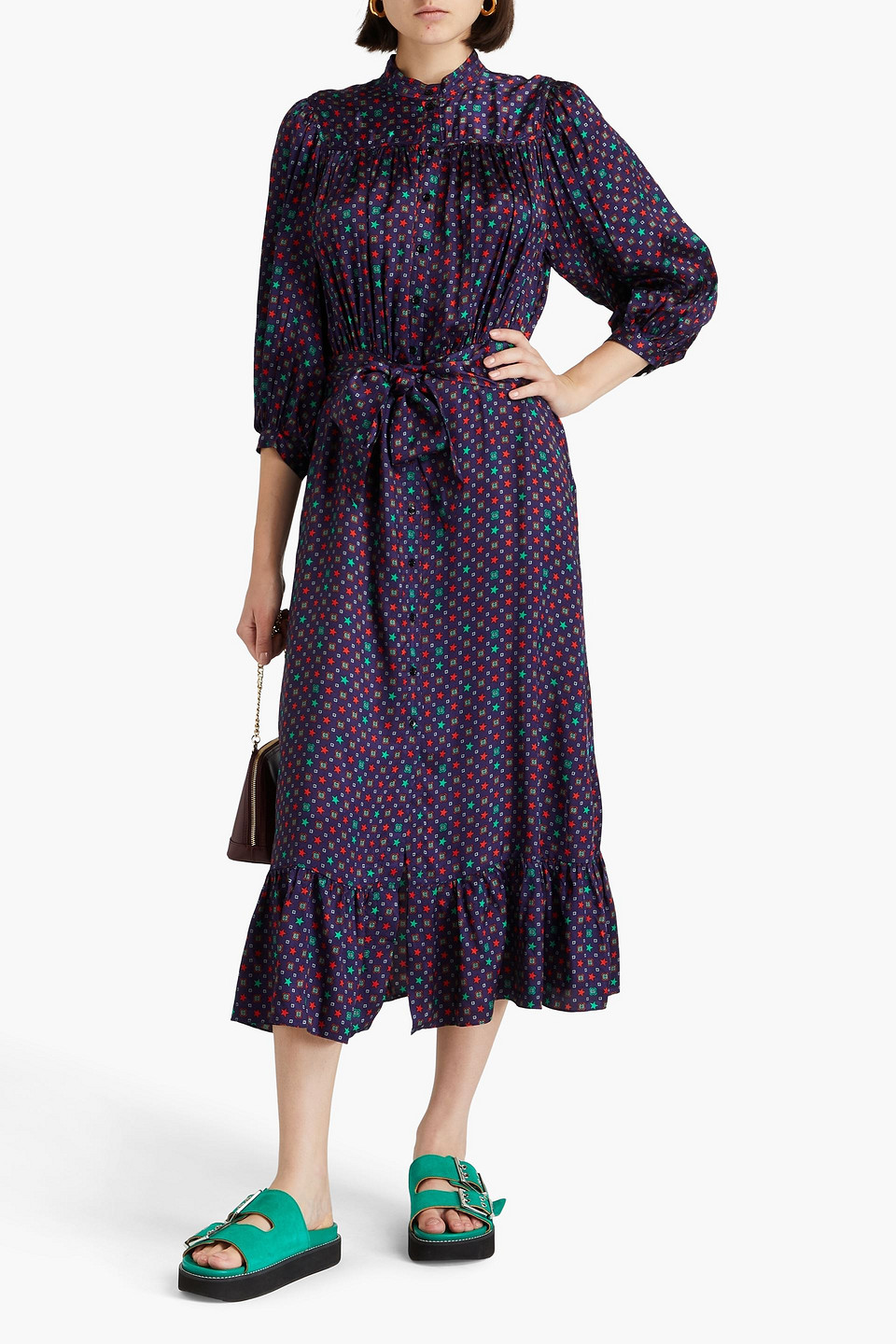  Sandro - Gerafftes Midikleid Aus Glänzendem Twill Mit Print - Blau - Fr 34 