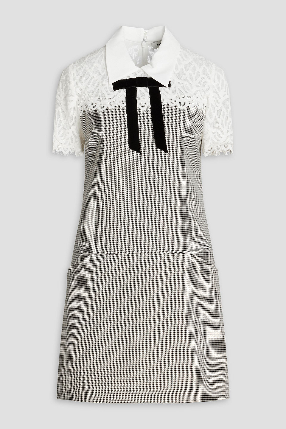 Sandro Lace-paneled Houndstooth Jacquard Mini Dress In Weiss
