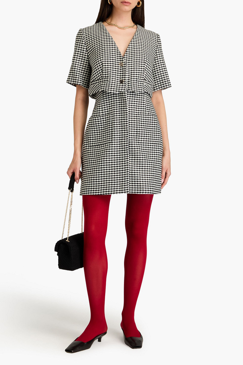 Sandro Houndstooth Tweed Mini Dress In Black