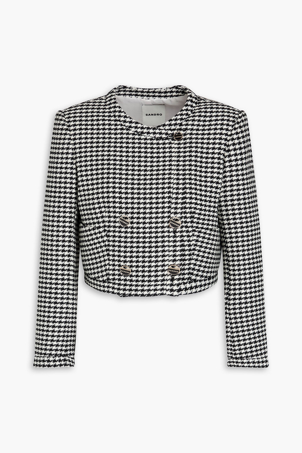 Sandro Cropped Houndstooth Tweed Jacket In Black