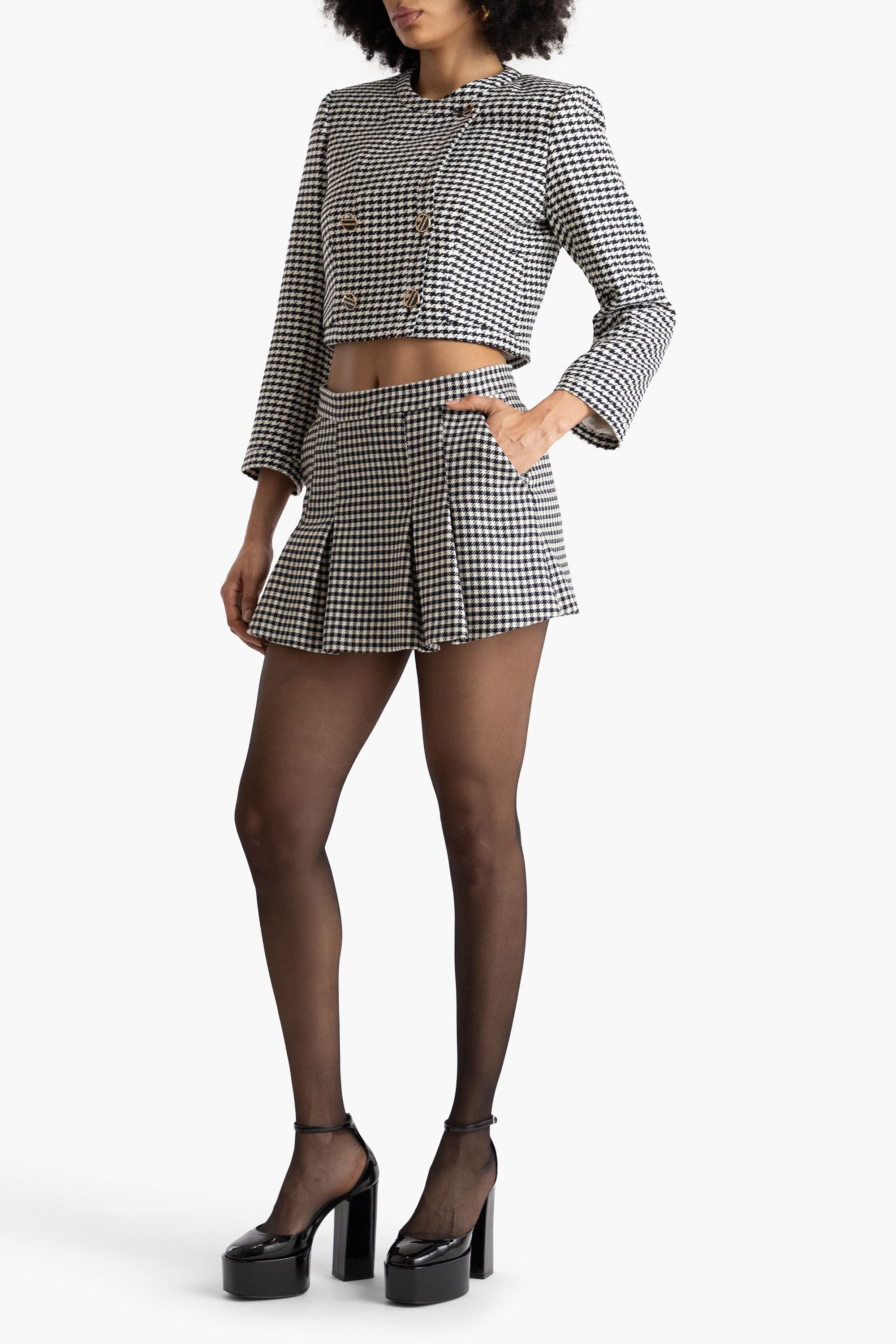 SANDRO Cropped double-breasted houndstooth tweed jacket