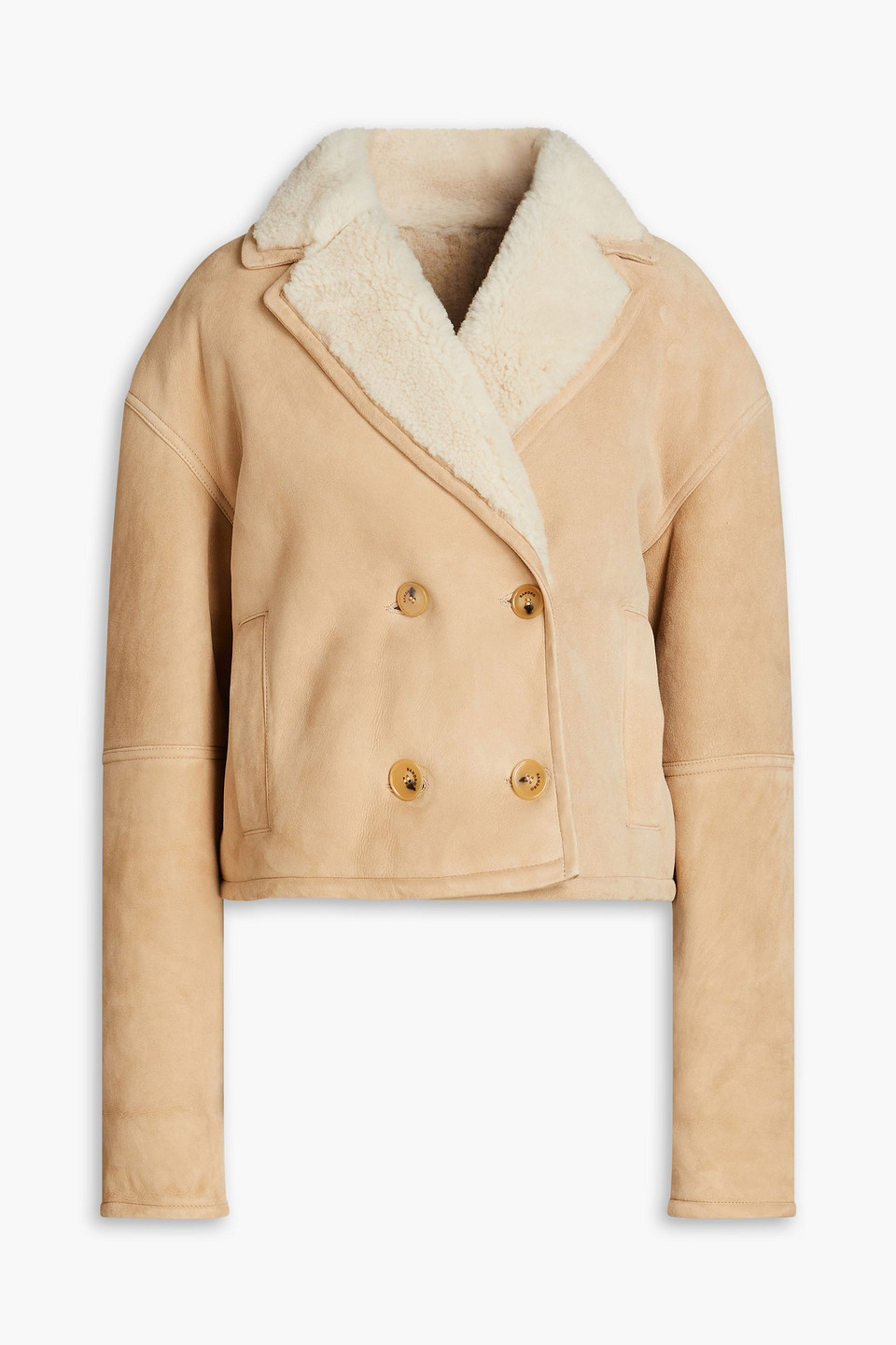Sandro Double-breasted Shearling Jacket In Beige
