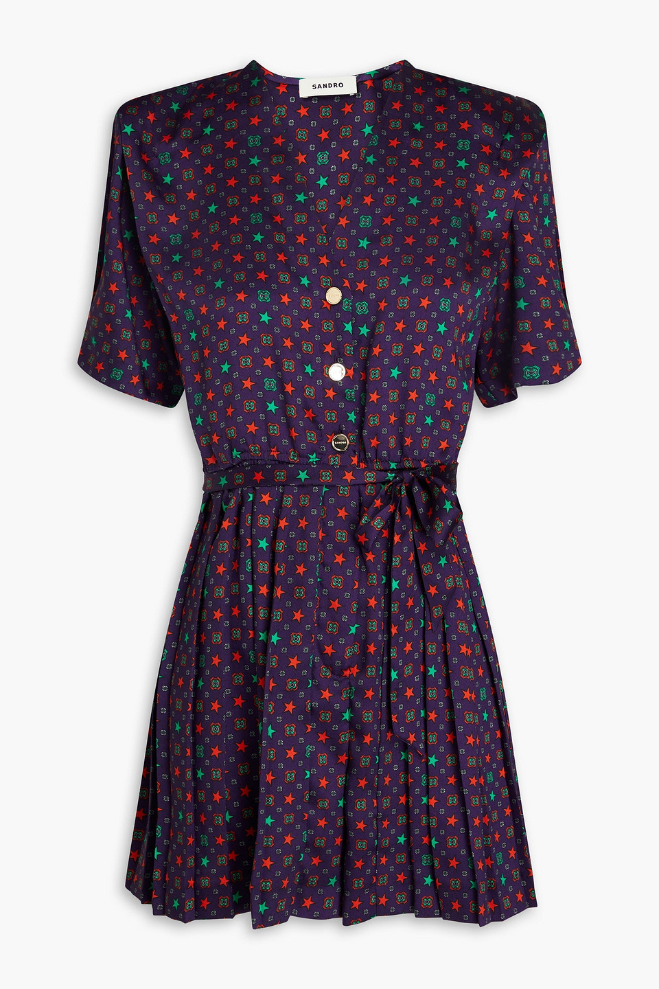 Sandro Pleated Printed Satin-twill Playsuit In Purple