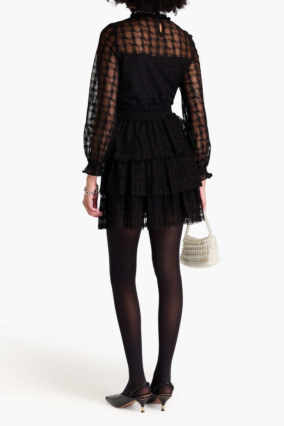 Sandro Tiered Bead-embellished Lace Mini Dress In Black