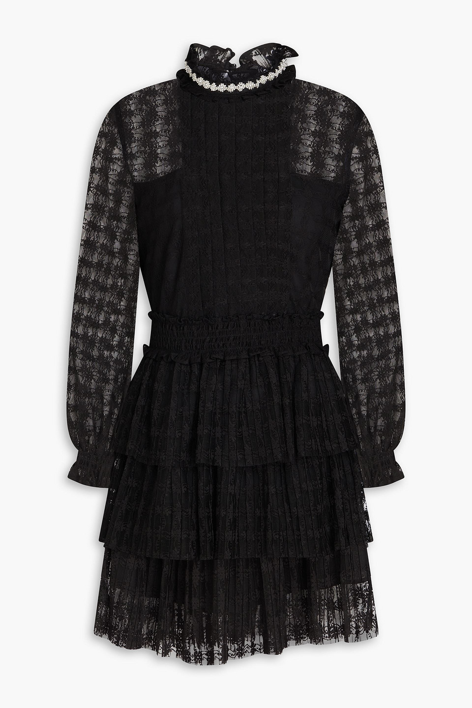 Sandro Tiered Bead-embellished Lace Mini Dress In Black