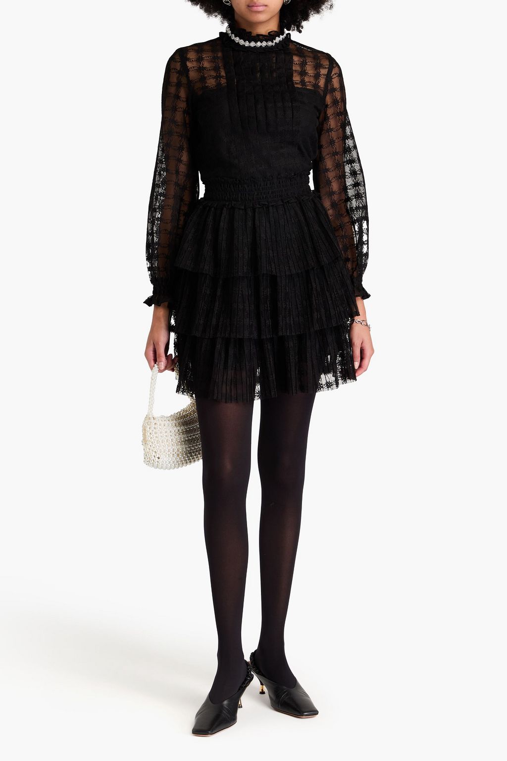 SANDRO Tiered bead-embellished lace mini dress