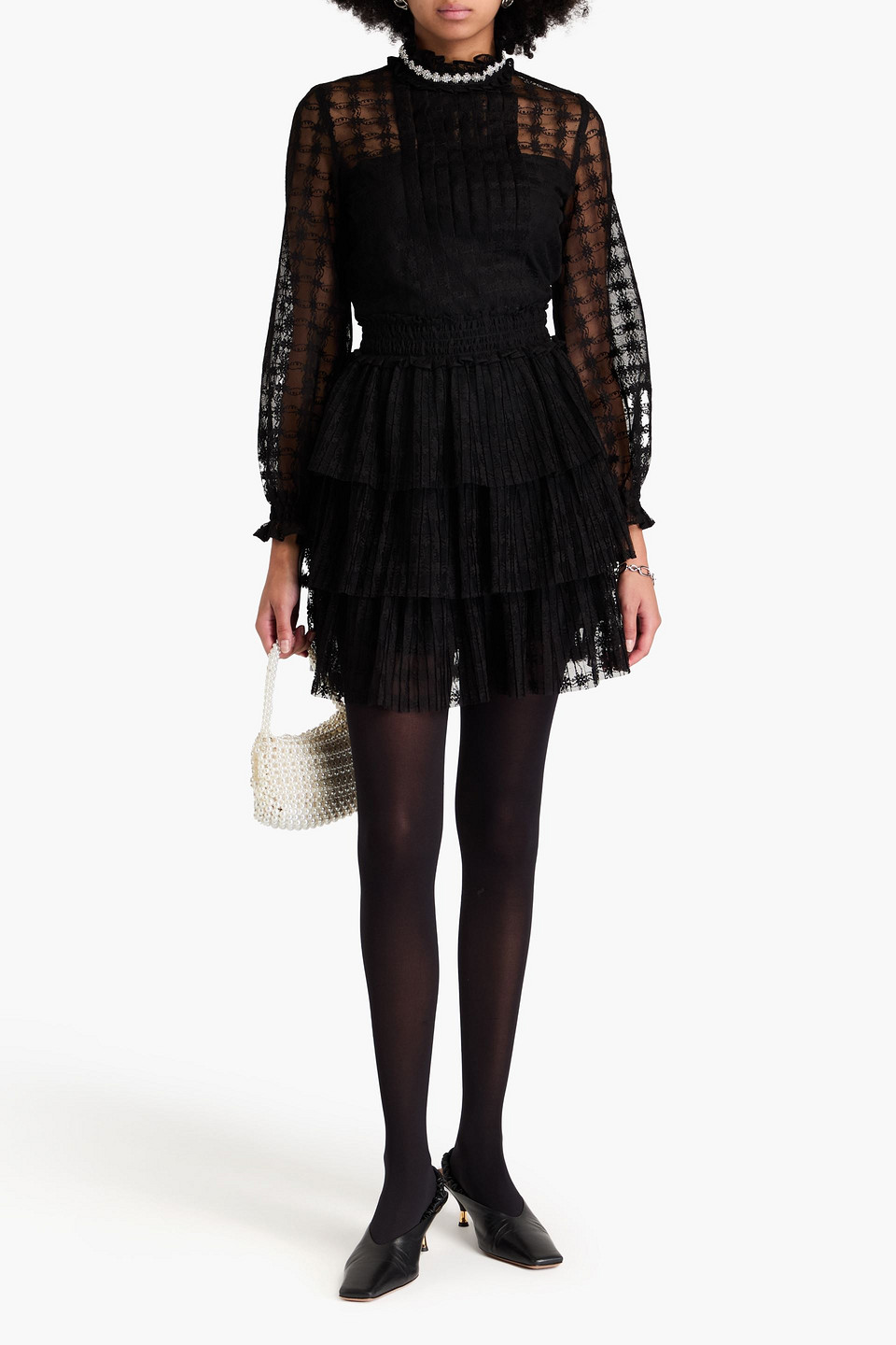 Sandro Tiered Bead-embellished Lace Mini Dress In Black
