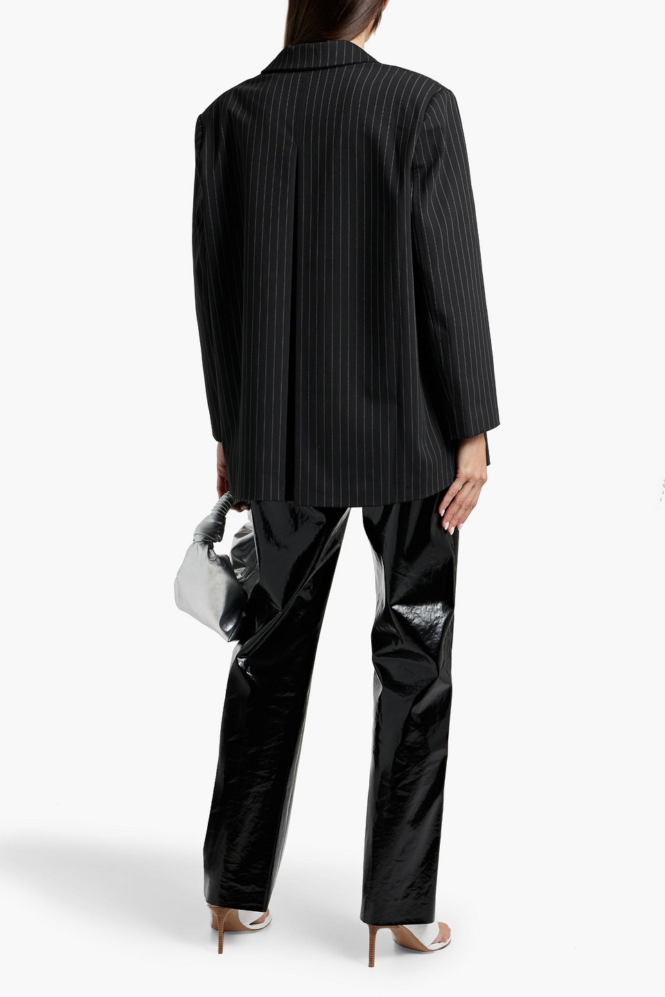 Ganni Oversized Pinstriped Crepe Blazer In Black