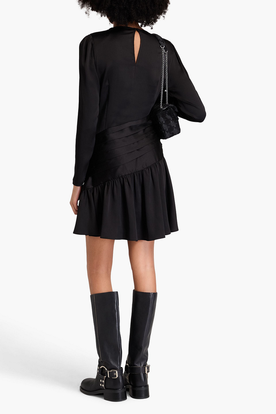 Sandro Gathered Pleated Satin-twill Mini Dress In Black