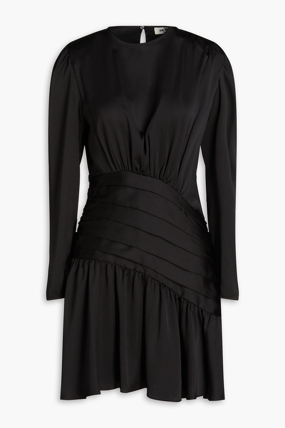 Sandro Gathered Pleated Satin-twill Mini Dress In Black