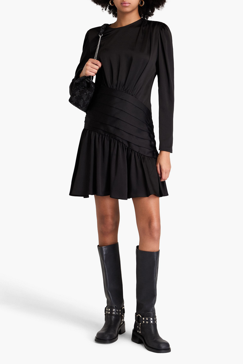Sandro Gathered Pleated Satin-twill Mini Dress In Black