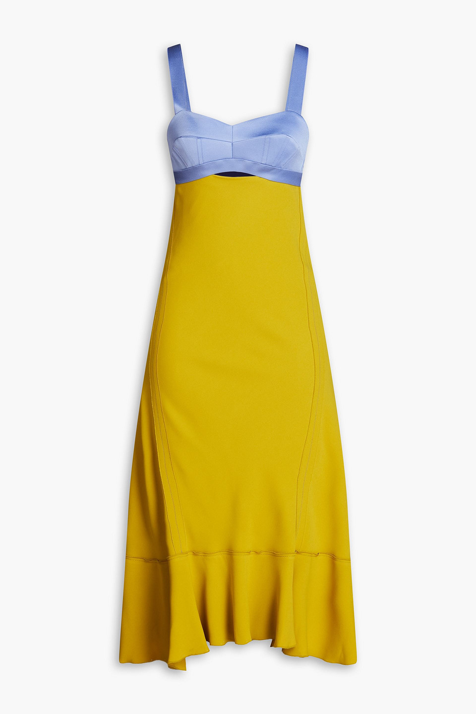 Victoria Beckham Two-tone Paneled Crepe-satin Midi Dress In Mustard