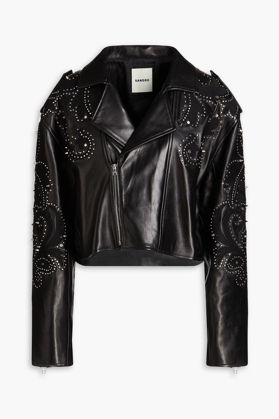 Sandro Cropped Embellished Leather Biker Jacket In Black