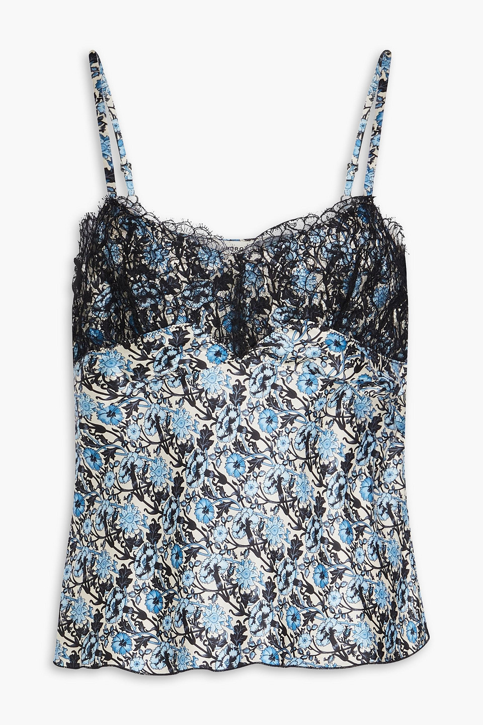 Sandro Floral-print Satin-twill And Corded Lace Camisole In Light Blue