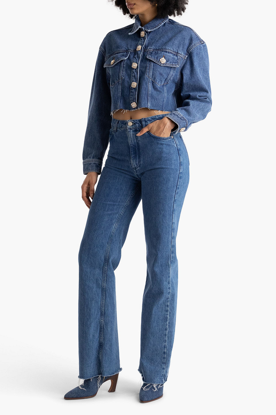 SANDRO CROPPED EMBELLISHED DENIM JACKET 