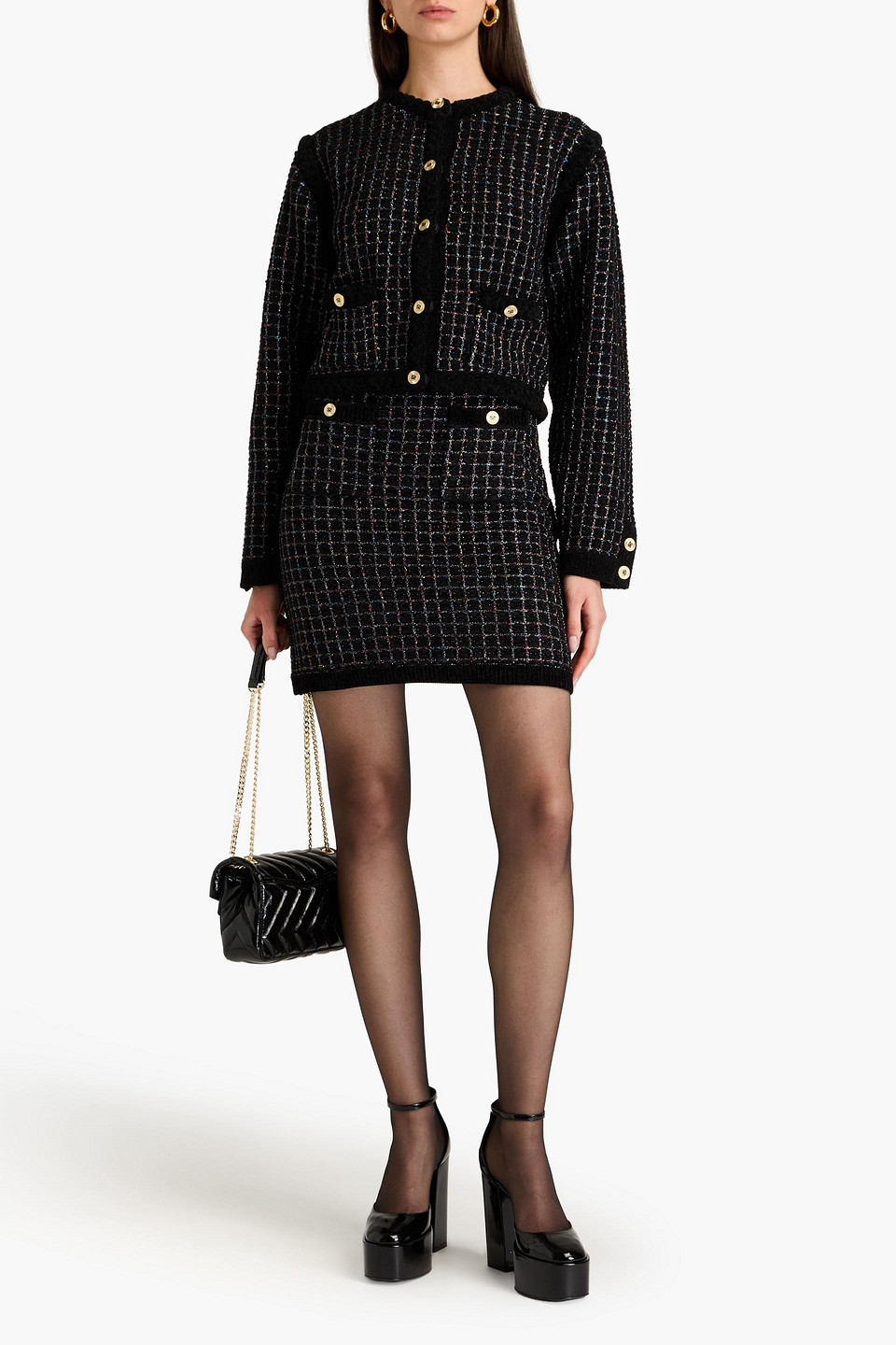 Sandro Metallic Checked Knitted Mini Skirt In Black