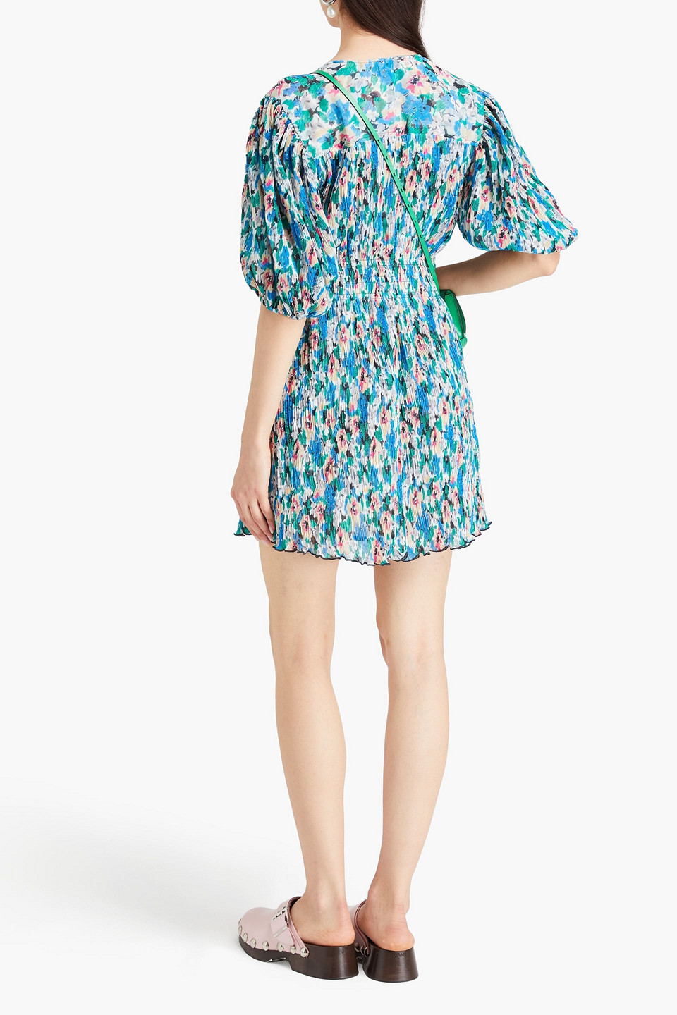 Ganni Plissé Floral-print Crepe De Chine Mini Dress In Green