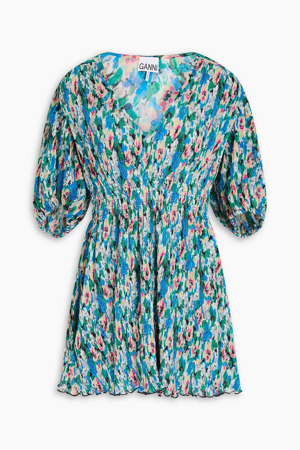 Ganni Plissé Floral-print Crepe De Chine Mini Dress In Multi