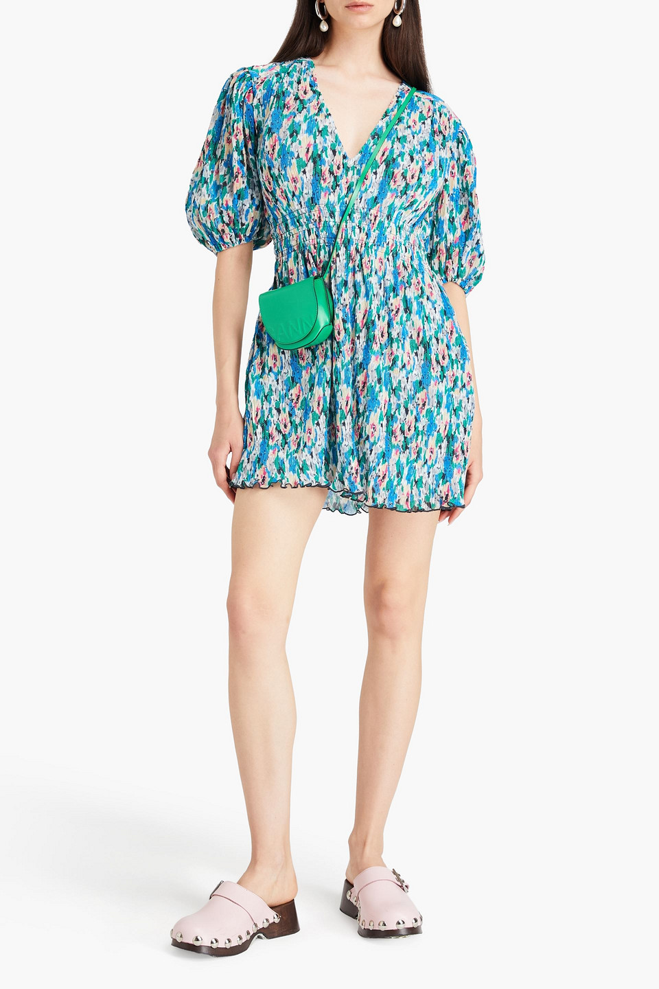 Ganni Plissé Floral-print Crepe De Chine Mini Dress In Green