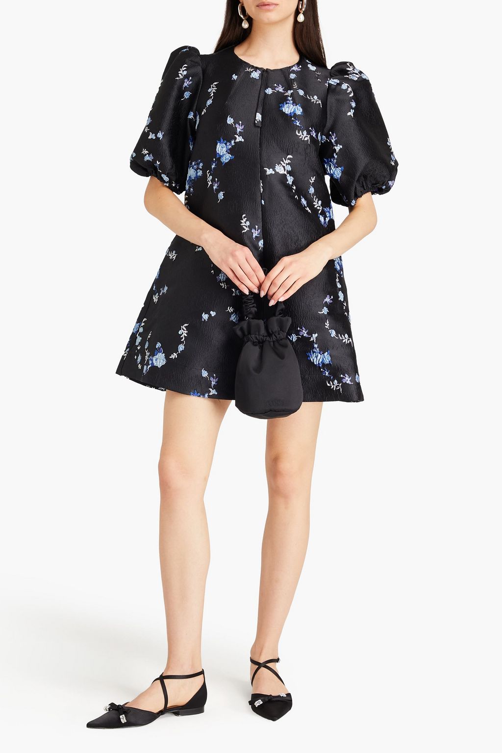 GANNI Metallic floral-jacquard mini dress