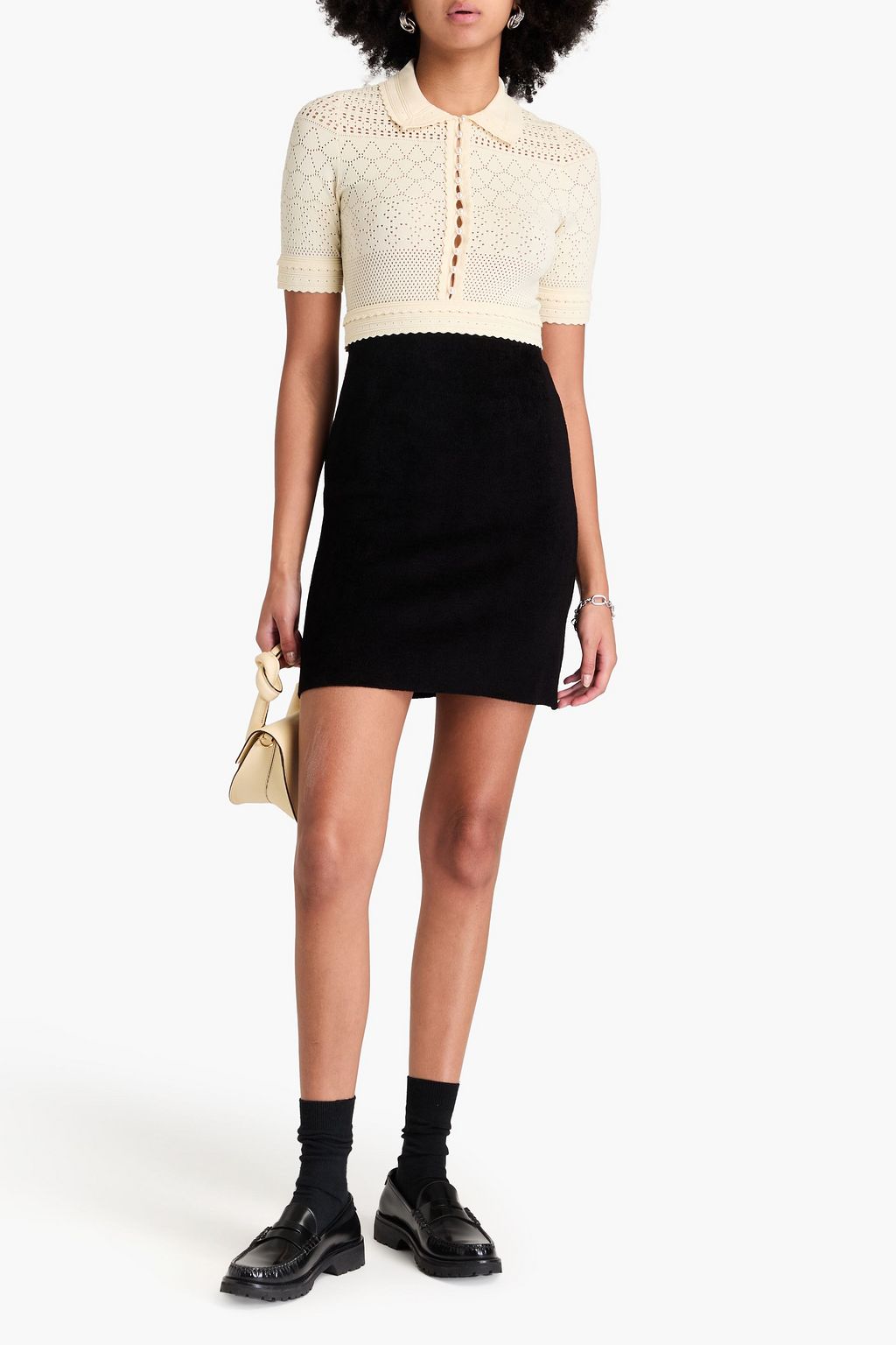 SANDRO Bead-embellished chenille and pointelle-knit mini dress