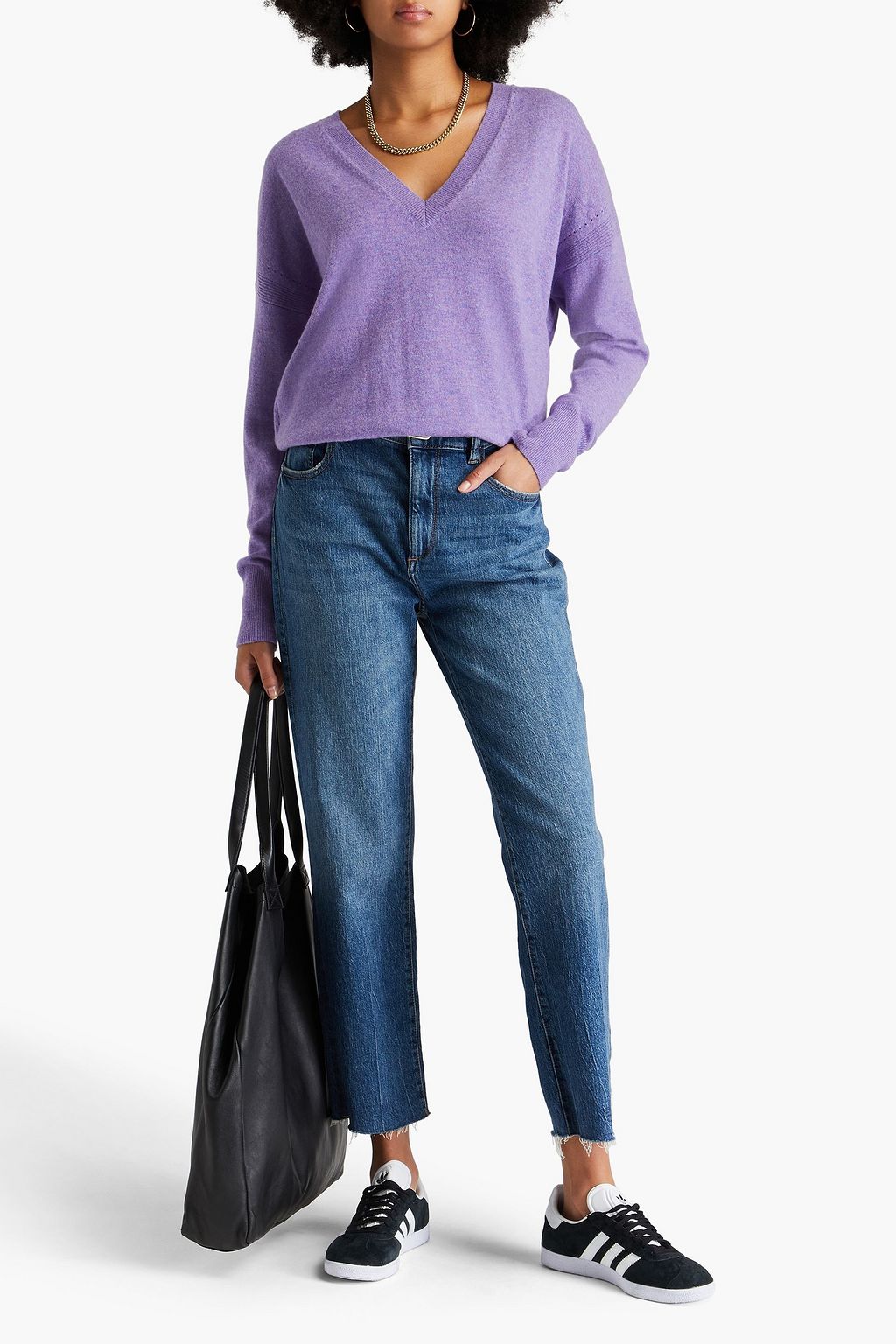 AUTUMN CASHMERE سويتر من الكشمير المضلّع بأسلوب ميلانغ مع تقليمات بشكل البوينتيل