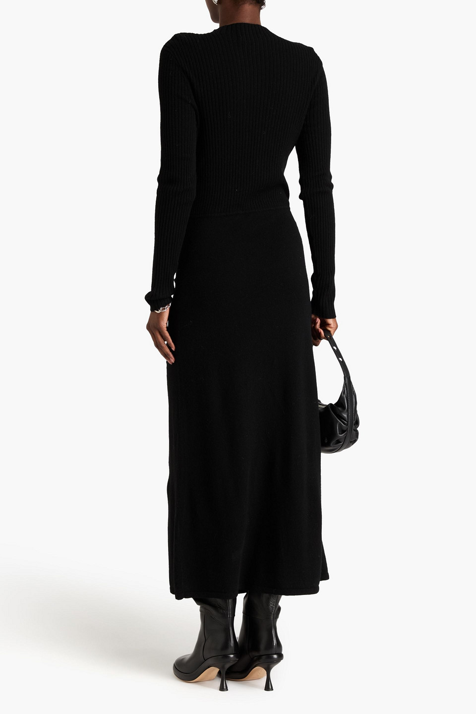 Shop Sandro Ruched Ribbed Wool-blend Midi Dress In Black