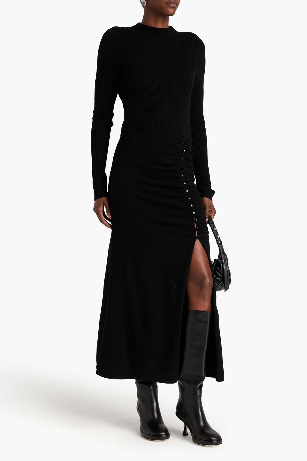 SANDRO Ruched ribbed wool-blend midi dress