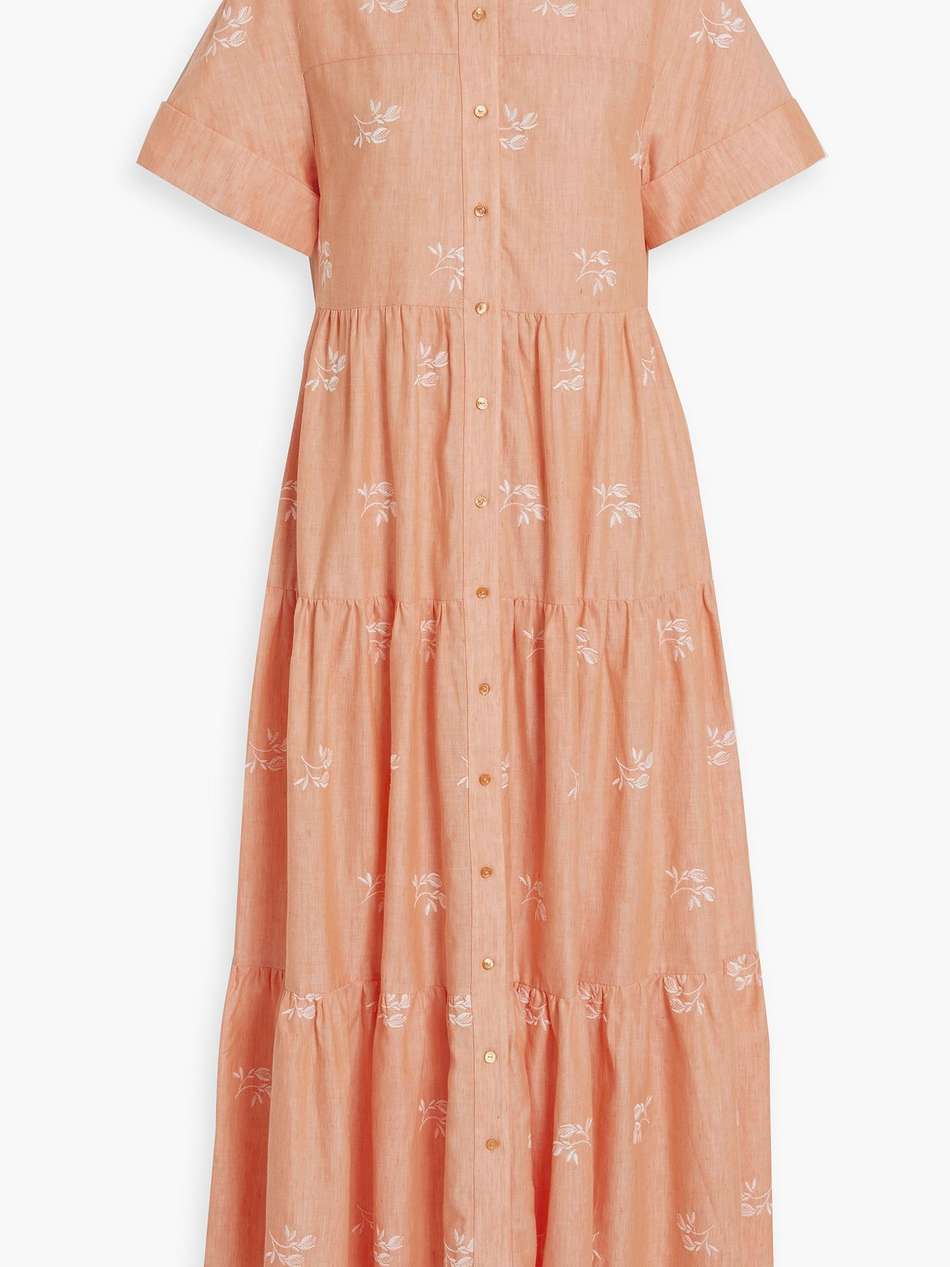 helena tiered embroidered cotton and linen-blend maxi shirt dress