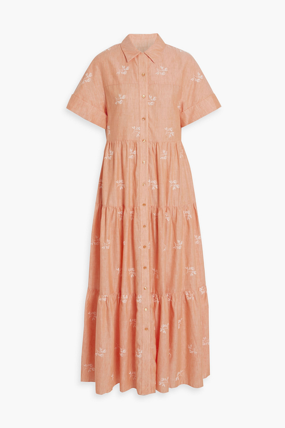 Erdem Helena Tiered Embroidered Cotton And Linen-blend Maxi Shirt Dress In Peach