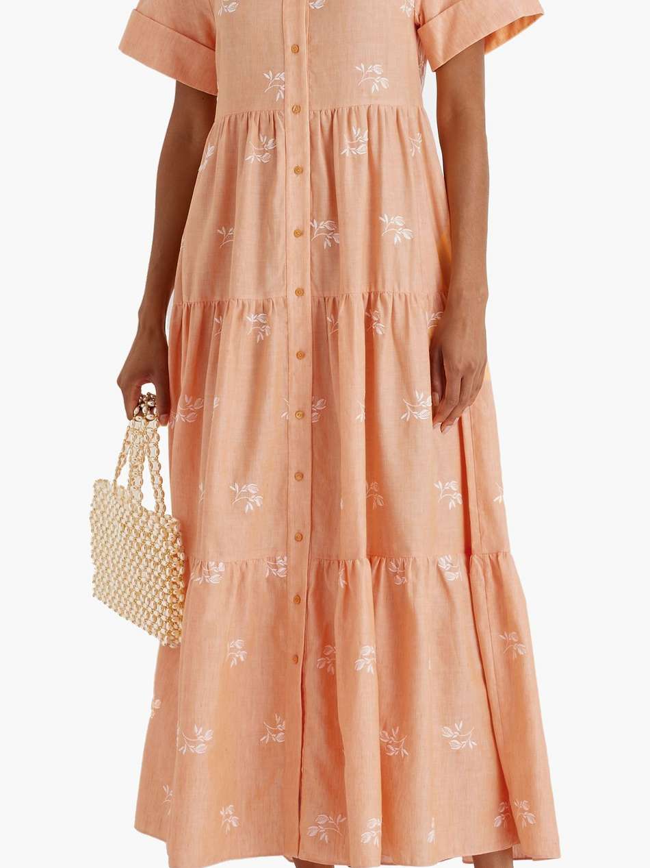 helena tiered embroidered cotton and linen-blend maxi shirt dress