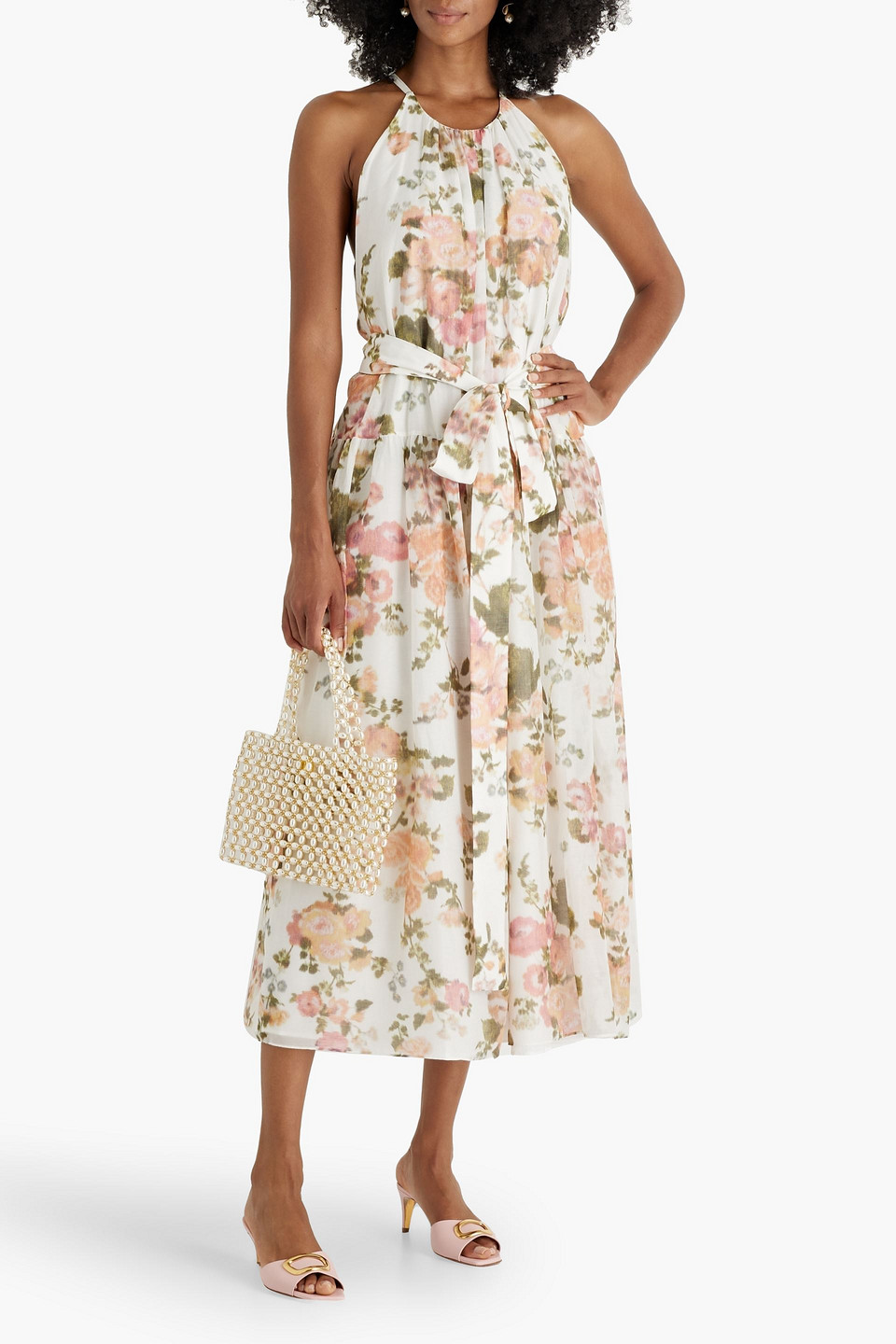 Shop Erdem Zinnia Belted Floral-print Cotton And Silk-blend Midi Dress In Ivory