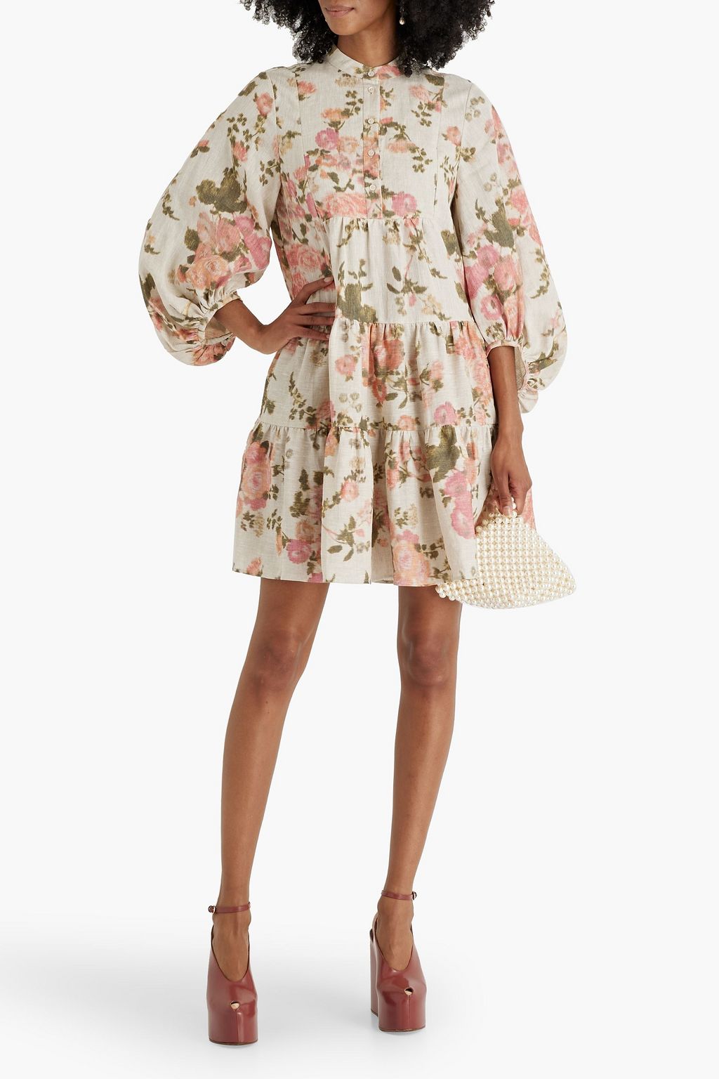 ERDEM Winona tiered floral-print linen mini dress