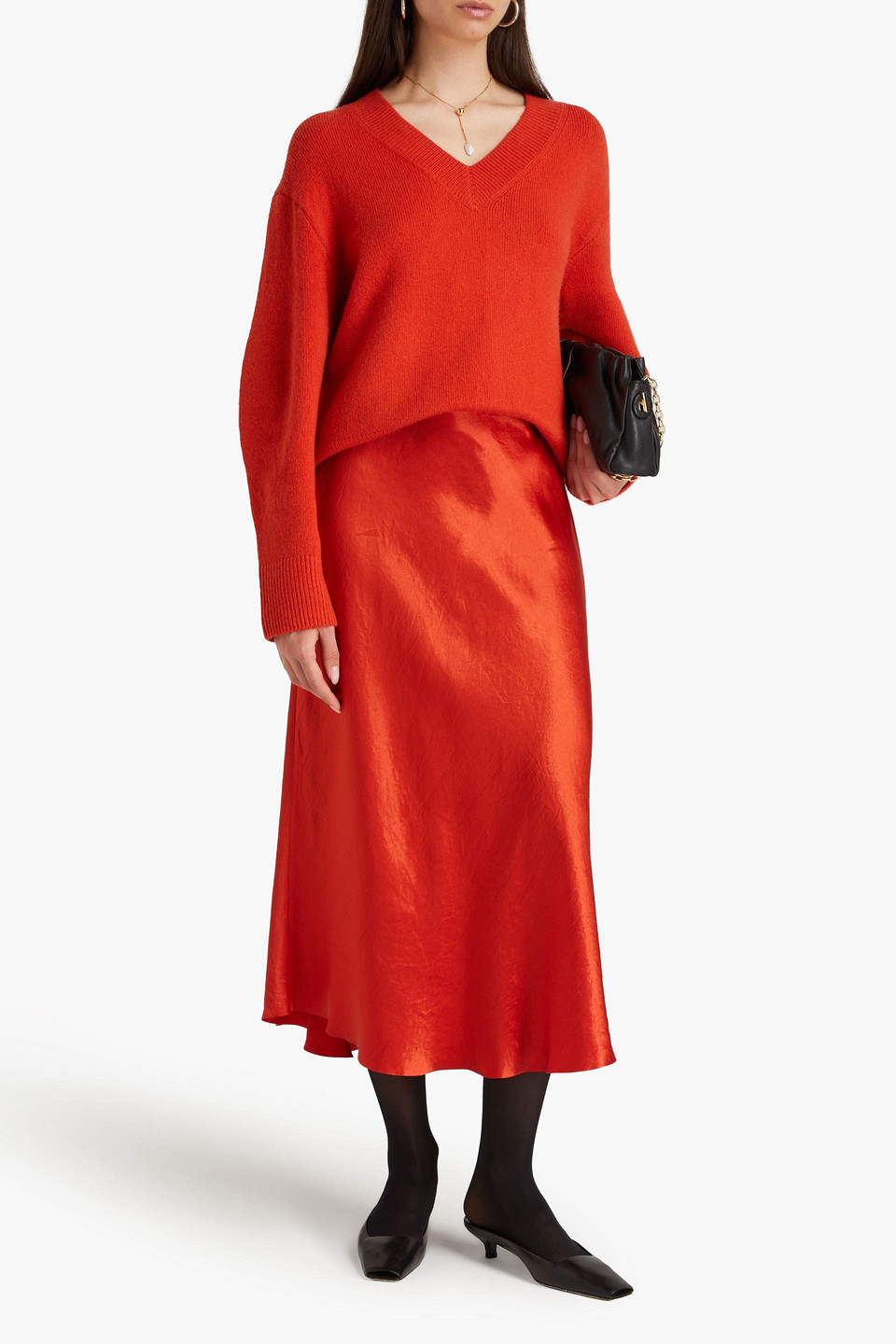 Vince Bias Satin Midi Skirt In Orange