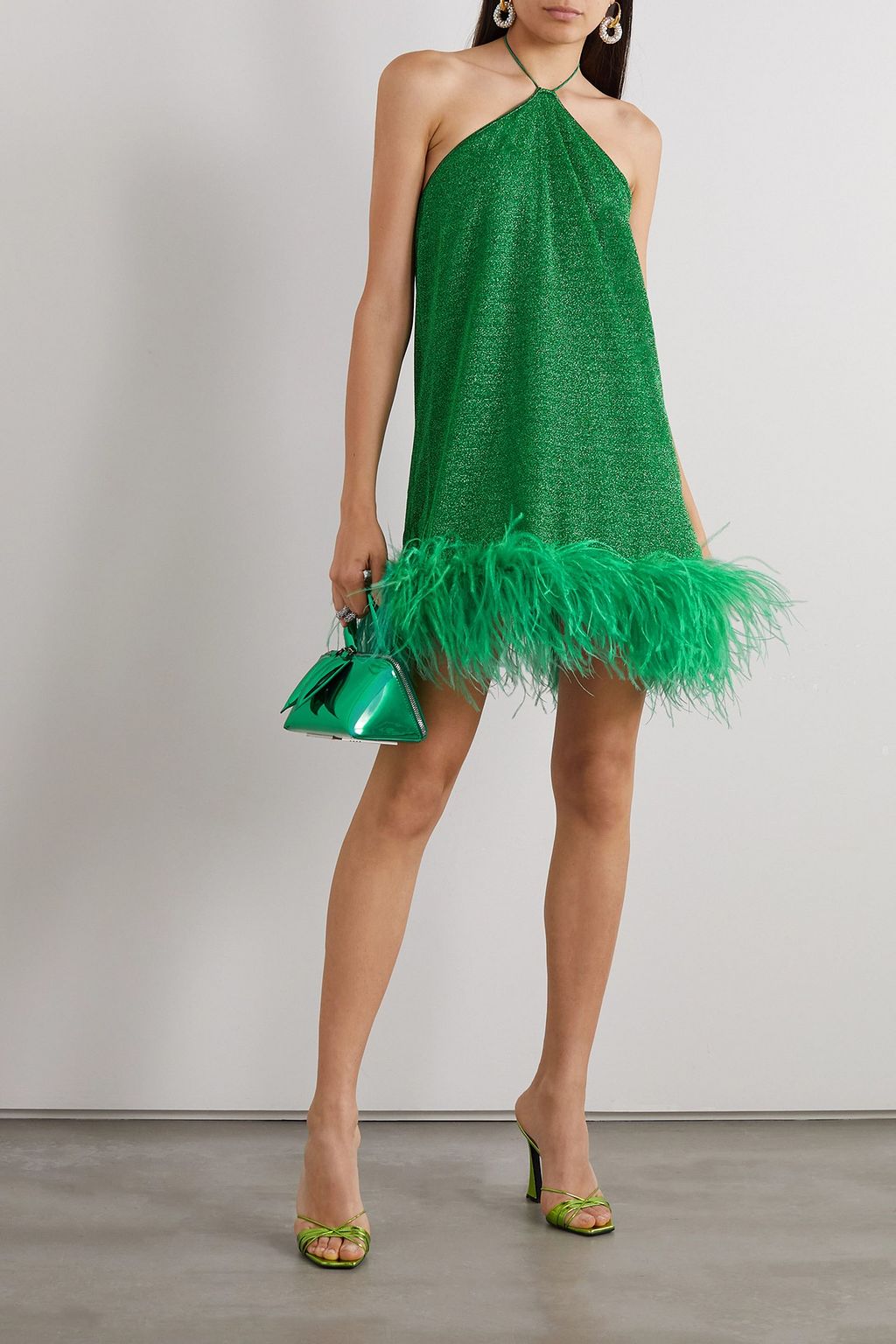 OSÉREE Lumière feather-trimmed metallic stretch-knit halterneck mini dress