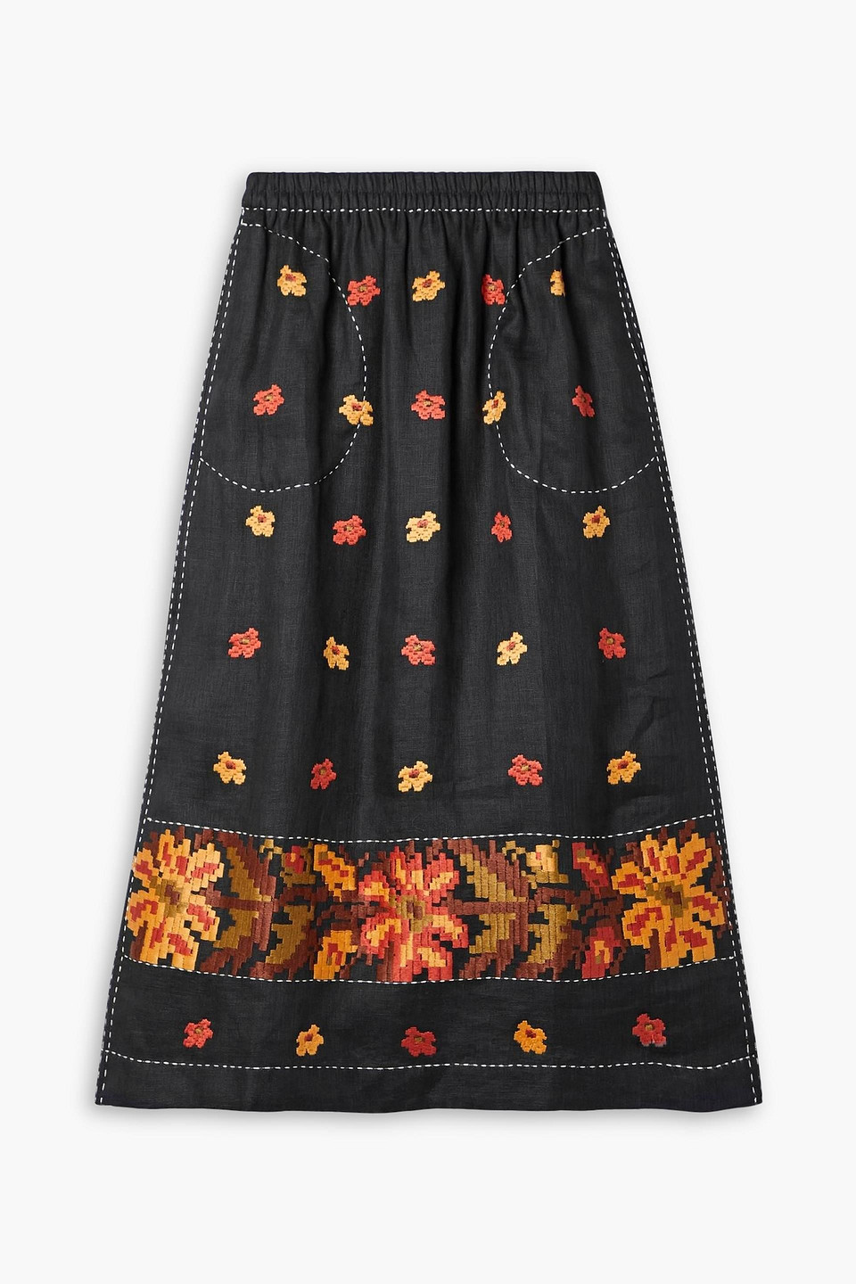 Vita Kin Tasya Embroidered Linen Midi Skirt In Black