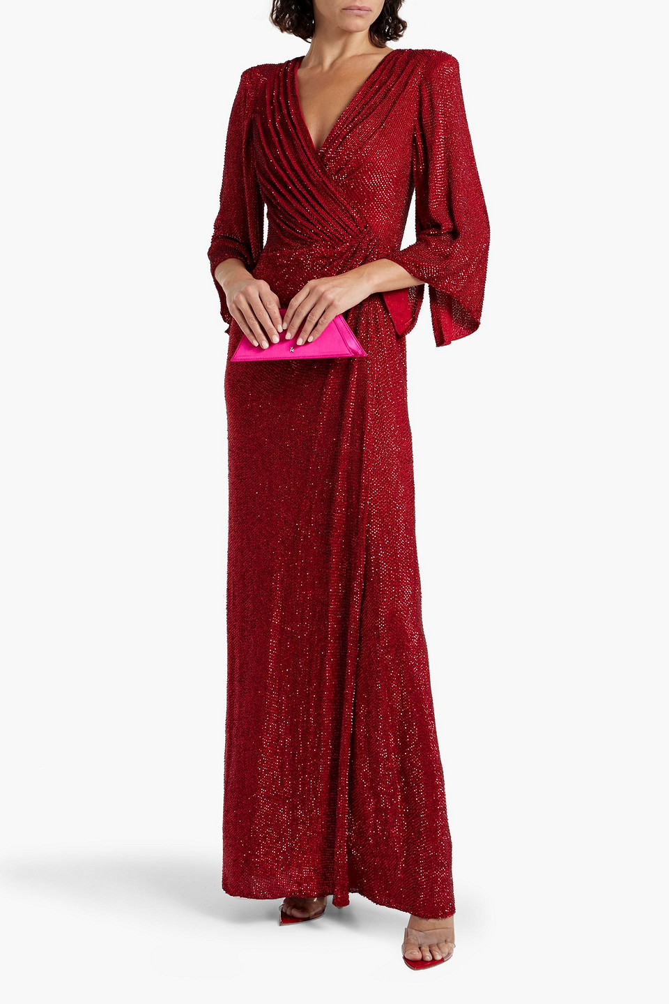 Jenny Packham Wrap-effect Embellished Crepe De Chine Gown In Red